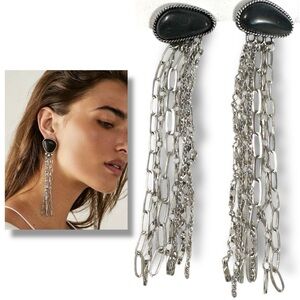 Free People Western Bohemian Wild Honey Dangle Earrings in Black Silver Fringe